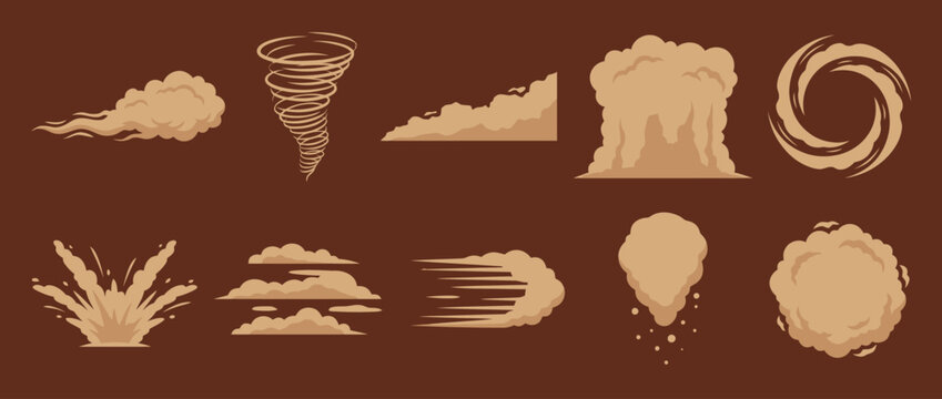 Cartoon Dust Storm Sand Cloud and Tornado Effect Set for Desert Weather Animation and Game Design Use