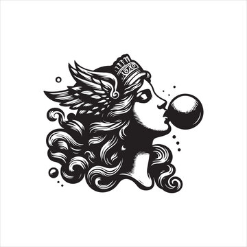 Stylized black and white illustration of a winged goddess blowing a bubble gum bubble.