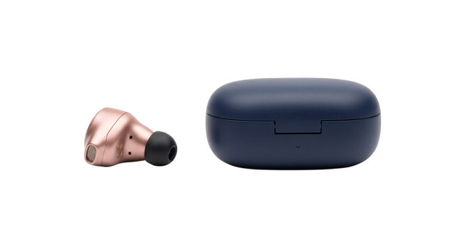 Rose gold wireless earbud with dark blue charging case isolated on transparent background