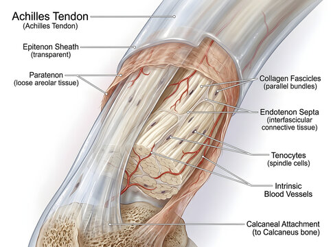 Anatomy of the human achilles tendon with connective tissue and calcaneal attachment