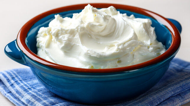 Fresh sour cream or greek yogurt in a blue ceramic bowl with culinary, ingredient