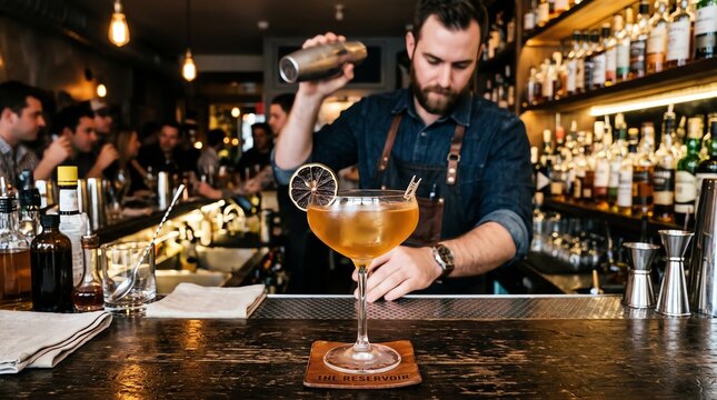 Bartender Preparing Cocktail at Modern Bar Counter.