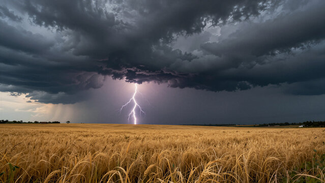 Golden field stretches wide under stormy skies. Single bolt flashes, illuminating the horizon. Dark clouds loom, heavy with impending rain. Wind whispers through tall, swaying stalks