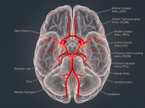 Anatomical view of human brain arterial circle and cerebral blood vessel distribution