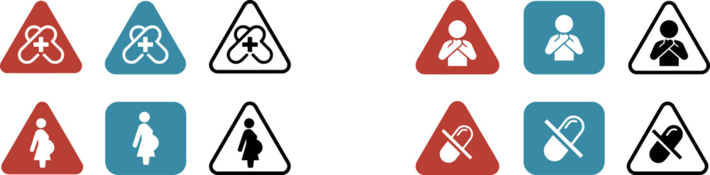 Medical Warning Triangle Sign Set for Pharmaceutical Drug Safety Pregnancy Caution and Healthcare Design