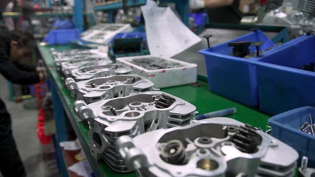 Mechanical Component Installation during Engine Assembly Process. Large Factory Line Machinery Moves Metal Parts on Production Converted Chinese Line. Automotive Professional Industrial Engineering 4k