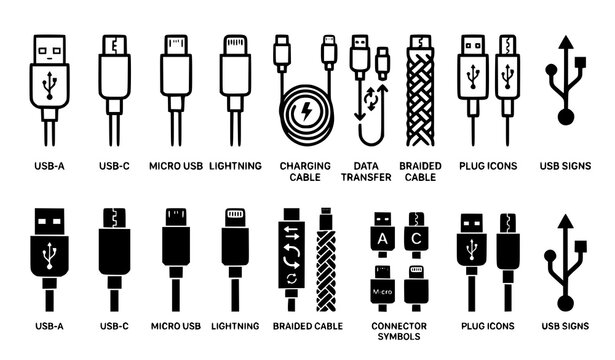 USB Cable Icons Set Outline and Glyph Style Black Vector Collection