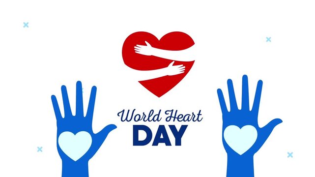 World Heart Day banner featuring raised blue hands and a hugged red heart on a white background.