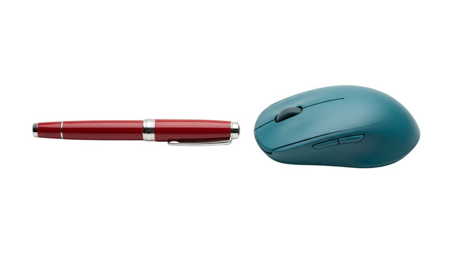 Red ballpoint pen and teal computer mouse isolated on transparent background