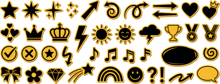 Bold Yellow Black Sticker Icon Set with Crown Star Heart Trophy and Music Note for Trendy Graphic Design