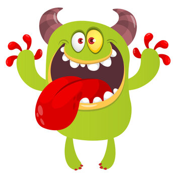 Cartoon cute and funny monster with scary face expression waving hands . Vector illustration isolated on white. For Halloween party decoration or package design