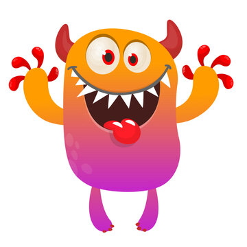 Cartoon cute and funny monster with scary face expression waving hands . Vector illustration isolated on white. For Halloween party decoration or package design