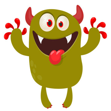Cartoon cute and funny monster with scary face expression waving hands . Vector illustration isolated on white. For Halloween party decoration or package design