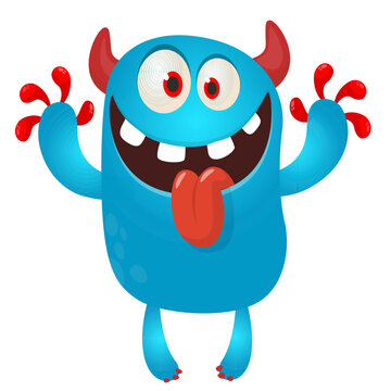 Cartoon cute and funny monster with scary face expression waving hands . Vector illustration isolated on white. For Halloween party decoration or package design