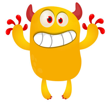 Cartoon cute and funny monster with scary face expression waving hands . Vector illustration isolated on white. For Halloween party decoration or package design