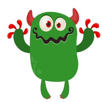 Cartoon cute and funny monster with scary face expression waving hands . Vector illustration isolated on white. For Halloween party decoration or package design