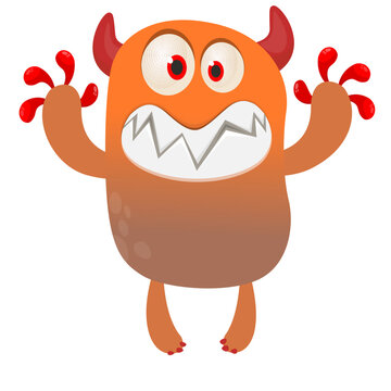 Cartoon cute and funny monster with scary face expression waving hands . Vector illustration isolated on white. For Halloween party decoration or package design