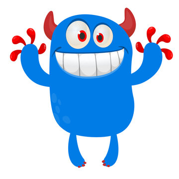 Cartoon cute and funny monster with scary face expression waving hands . Vector illustration isolated on white. For Halloween party decoration or package design