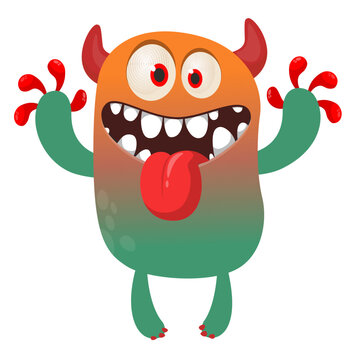 Cartoon cute and funny monster with scary face expression waving hands . Vector illustration isolated on white. For Halloween party decoration or package design