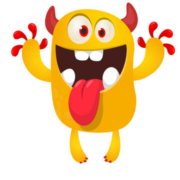 Cartoon cute and funny monster with scary face expression waving hands . Vector illustration isolated on white. For Halloween party decoration or package design