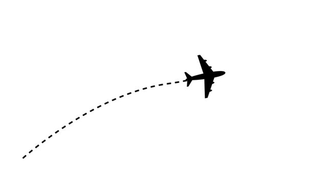 Airplane route dotted line animation on black background. journey or travel destination path motion. Flying plane icon 4k video.