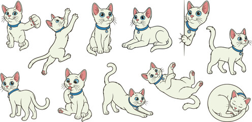 Fototapeta premium Cute white cat cartoon characters set. Adorable kitten vector illustrations with blue collar in playful poses isolated