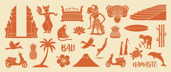 Fototapeta premium Traditional cultural icons and tropical landmarks representing Southeast Asian tourism for travel branding and souvenir design