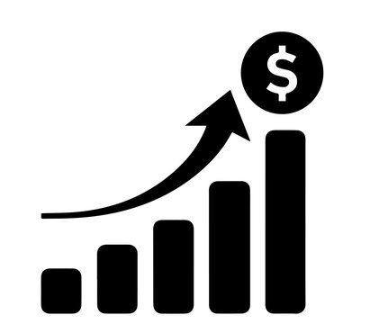 Black and white financial growth bar chart icon with rising arrow and dollar sign symbol, business