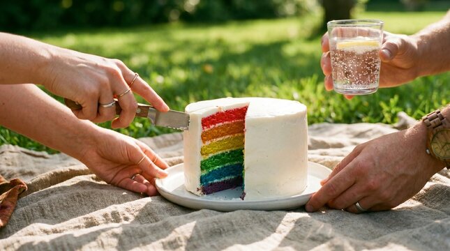 Close-up of a couple hands slicing a vibrant rainbow layer cake during an outdoor summer picnic on the grass, celebrating LGBTQ pride month.