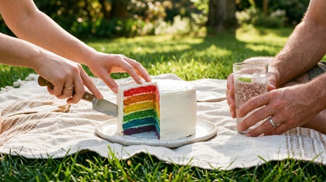 Close-up of a couple hands slicing a vibrant rainbow layer cake during an outdoor summer picnic on the grass, celebrating LGBTQ pride month.