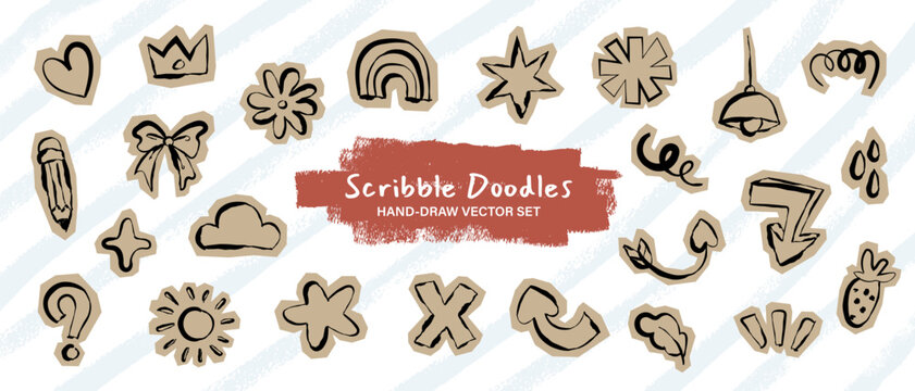 Hand drawn scribble doodles paper cutout elements set, Scrapbook stickers elements collection, Whimsical drawings vector illustrator
