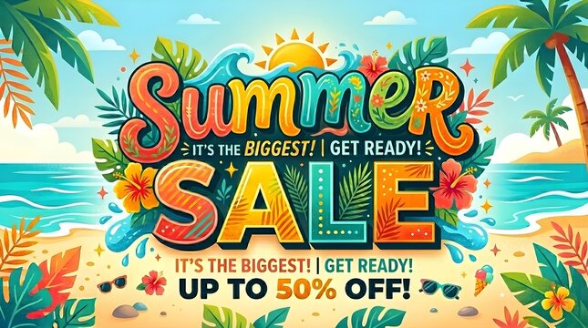 Summer Sale Banner with Tropical Beach Background and Discount Promotion