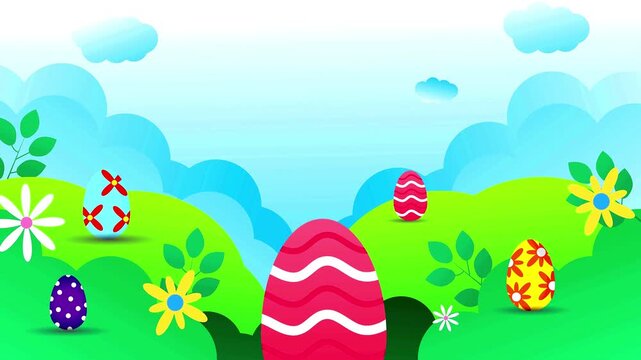 Easter eggs appearing on green rolling hills under a blue sky with clouds and blooming flowers.