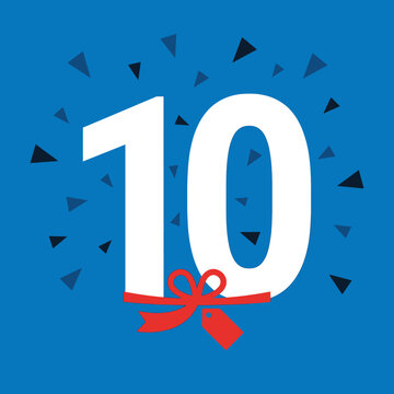 The number ten is celebrated with a red ribbon on blue background