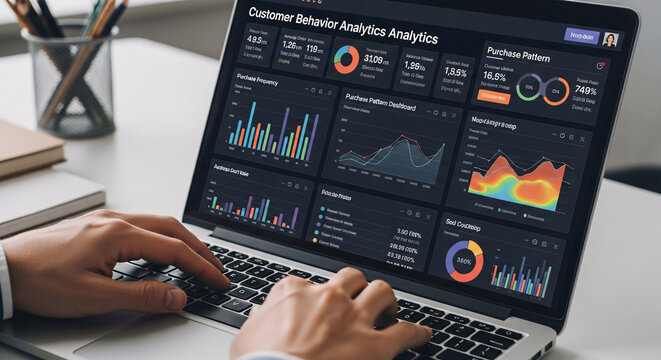 Professional Hands Typing on Laptop Displaying Customer Behavior Analytics Dashboard