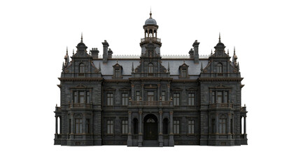 Naklejka premium Isolated dark gothic mansion with ornate architecture on transparent background.