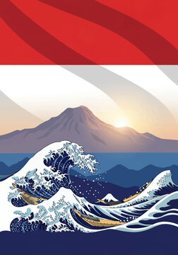 Landscape illustration featuring the red and white Indonesian flag as the sky above a volcanic mountain peak at sunrise with crashing ocean waves and traditional wooden boats.