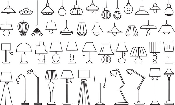 Large set of modern pendant lights and floor lamps featuring various shapes for interior lighting design