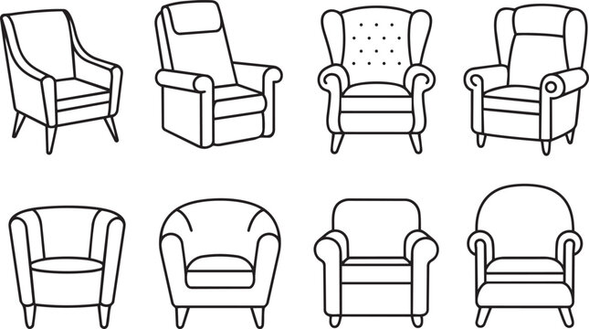 Set of eight comfortable lounge armchair designs featuring various classic styles for interior home furniture catalog displays
