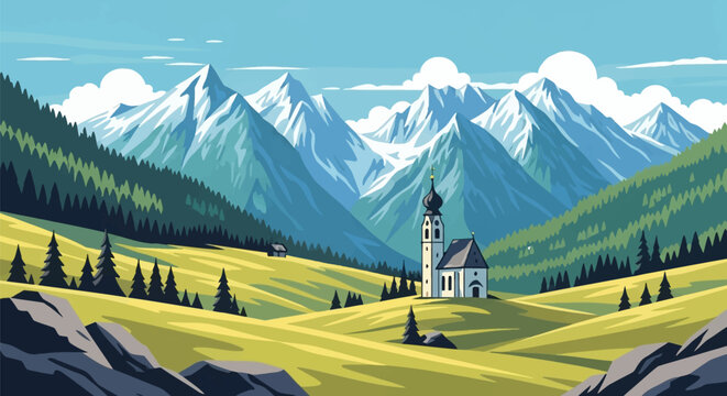 Vector landscape illustration of the Austrian Alps with a traditional white chapel in a green valley, snow-capped mountain peaks, pine tree forests, and blue sky with clouds.
