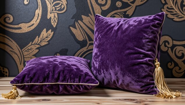 Purple Velvet Cushions on Ornate Sofa in Traditional Islamic Decor Setting