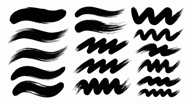 Set of hand-drawn black ink brush strokes including wavy lines, zigzag patterns, and thick curved sweeps with dry brush textures isolated on white background for graphic design.