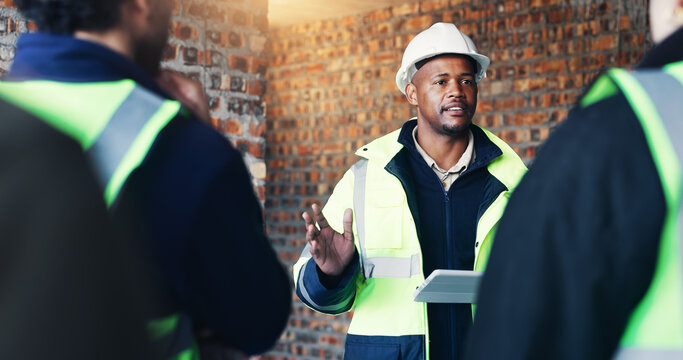 Construction site, architecture and man with discussion, tablet for online schedule and connection. People, engineering and employees with teamwork, contractor and tech for renovation or conversation