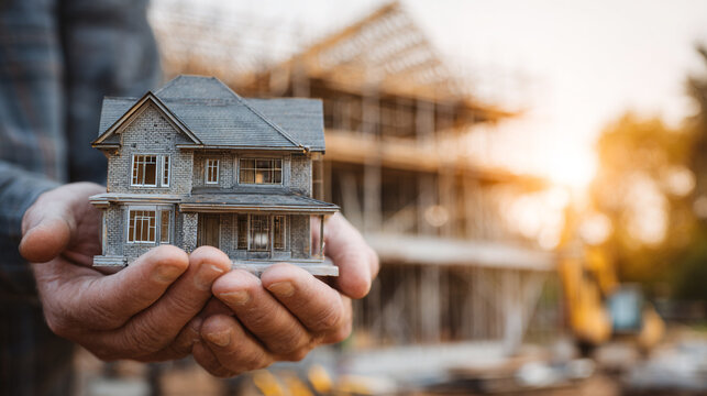 Hands holding a small detailed model house with blurred residential building construction site in the background