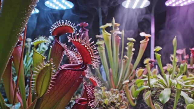 Vibrant carnivorous plants in misty terrarium with exotic lighting