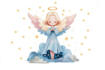 Obraz premium cute little angel with golden wings and blue dress praying amidst floating yellow stars and clouds