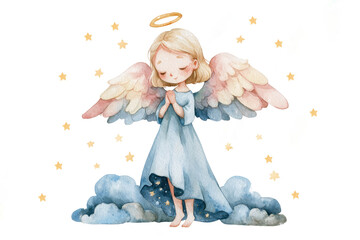 Obraz premium Little blonde angel in blue dress praying among soft watercolor clouds and golden stars