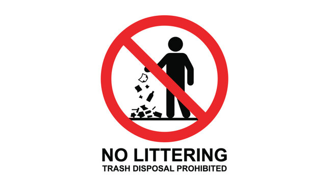 Black and red no littering sign with a white background showing trash disposal is strictly prohibited