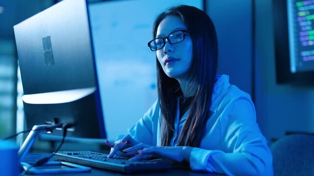 Focused Asian young female IT professional programmer typing on a keyboard in a dark server room with blue light. Woman cybersecurity engineer working late in data center analyzing system security.