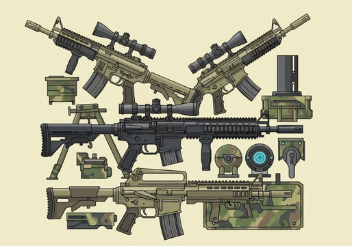 Flat vector illustration of modern military assault rifles, carbines, tactical optical scopes, bipods, camouflage ammo boxes, foregrips, and electronic surveillance sensor equipment.